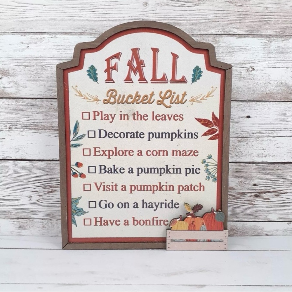 Wood Box Sign Fall Bucket List Leaves Pumpkins Tabletop Decor